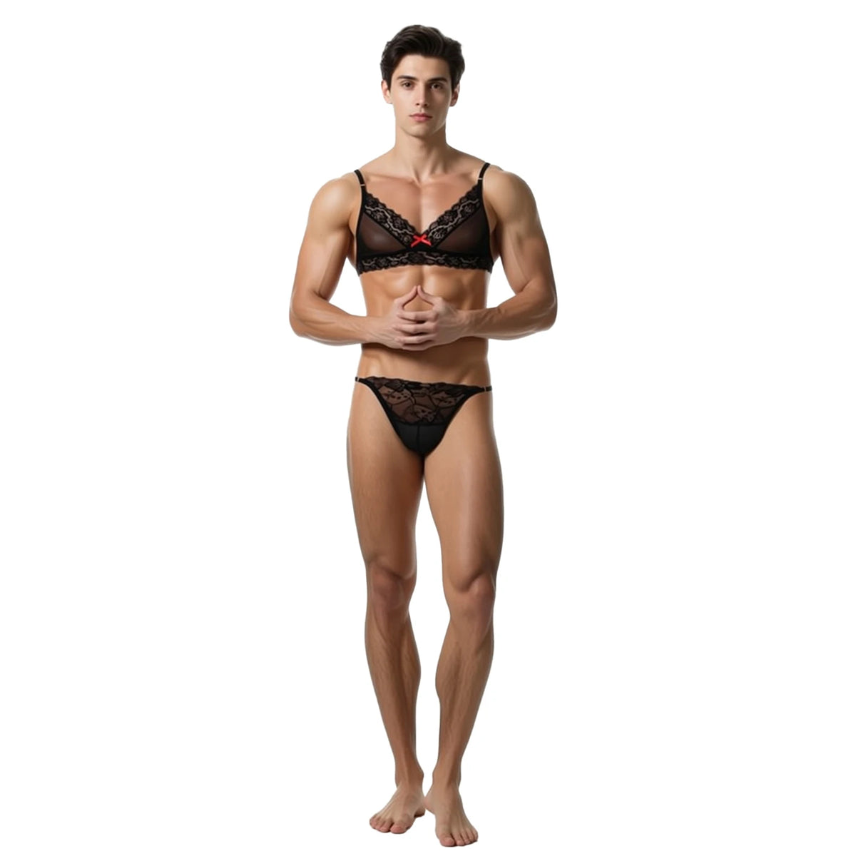 Sheer Lace Bralette & Thong Set — Mesh Lingerie for Crossdressers, Femboys & Drag