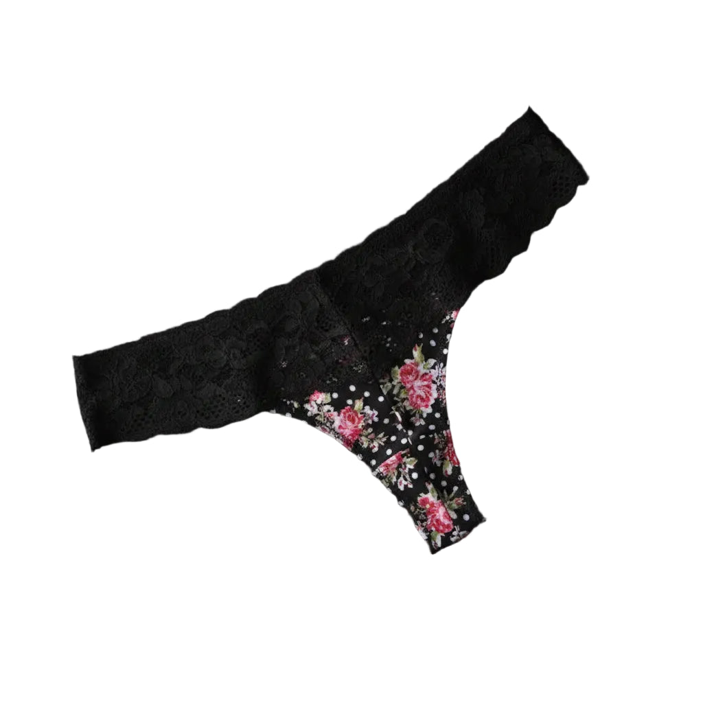"Sissy Kailany" Lace Trim Crotchless Sissy Thong — Floral Crossdress Lingerie Panties