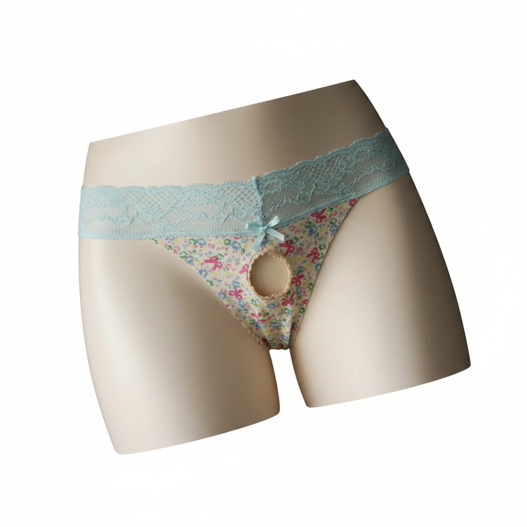 "Sissy Kailany" Lace Trim Crotchless Sissy Thong — Floral Crossdress Lingerie Panties