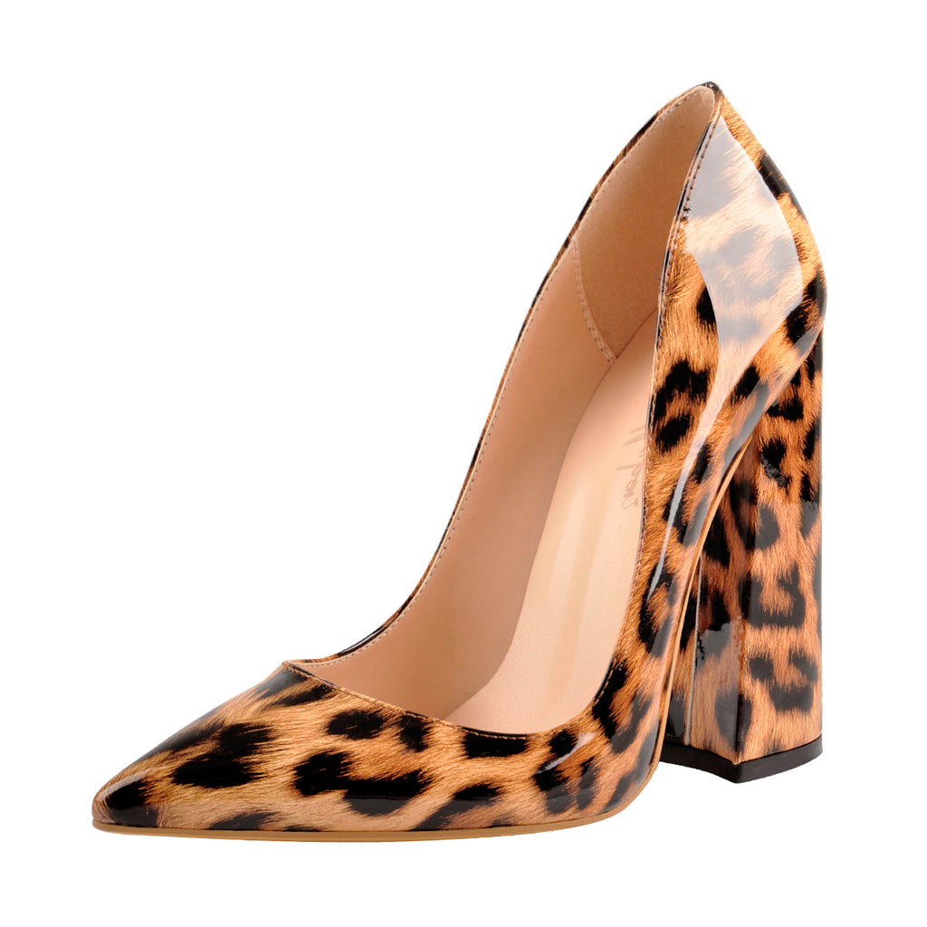 Leopard Print Pointed Toe Block Heel Pumps — Extended Sizes US9–US15