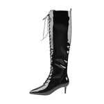 Load image into Gallery viewer, Patent Leather Pointed Toe Knee High Mid Heel Boots
