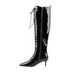 Load image into Gallery viewer, Patent Leather Pointed Toe Knee High Mid Heel Boots
