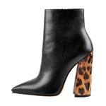 Load image into Gallery viewer, Matte Leather Pointed Toe Leopard Block Heels Ankle Boots
