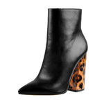 Load image into Gallery viewer, Matte Leather Pointed Toe Leopard Block Heels Ankle Boots
