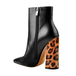 Load image into Gallery viewer, Matte Leather Pointed Toe Leopard Block Heels Ankle Boots
