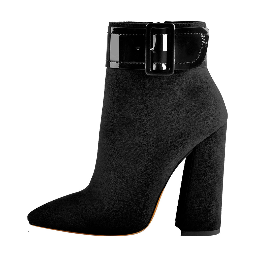 Black Pointed Toe Chunky Heel Ankle Boots — Buckle Suede Extended Sizes US9–US15