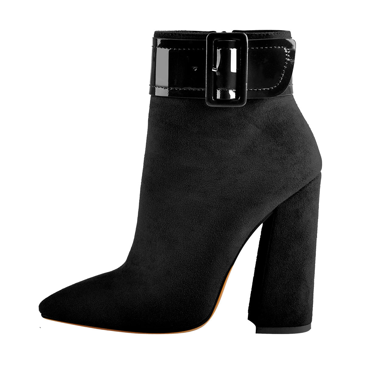 Black Pointed Toe Chunky Heel Ankle Boots — Buckle Suede Extended Sizes US9–US15