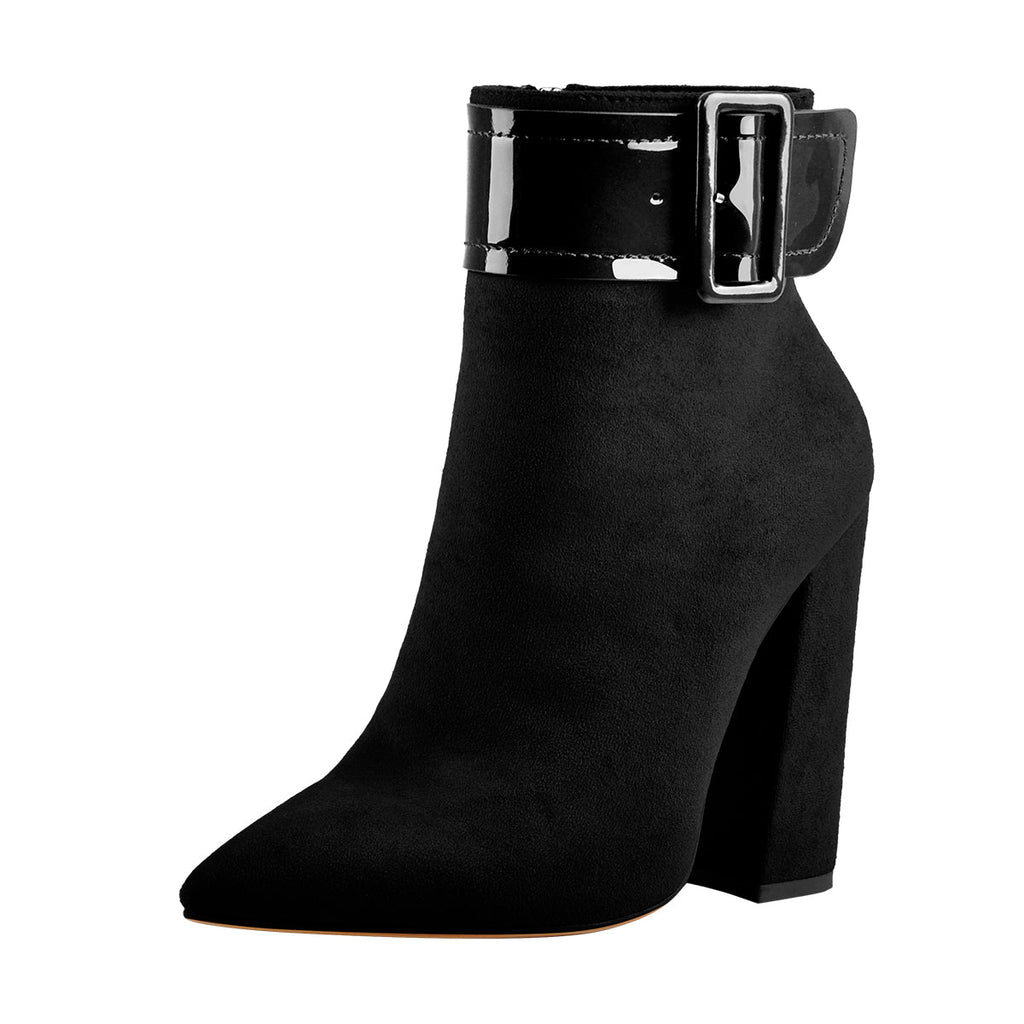 Black Pointed Toe Chunky Heel Ankle Boots — Buckle Suede Extended Sizes US9–US15
