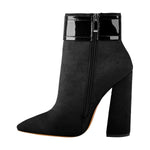 Load image into Gallery viewer, Pointed Toe Chunky Heels Ankle Buckle Suede Boots
