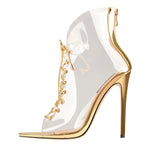 Load image into Gallery viewer, Open Toe Golden Lace up Transparent Zip Ankle Sandals Boots
