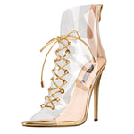 Load image into Gallery viewer, Open Toe Golden Lace up Transparent Zip Ankle Sandals Boots
