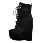 Load image into Gallery viewer, Black Suede Lace Up Platform Wedges Ankle Boots
