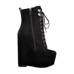 Load image into Gallery viewer, Black Suede Lace Up Platform Wedges Ankle Boots
