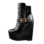 Load image into Gallery viewer, Platform Zipper Metal Buckle Strap Round Toe Wedge Heel Ankle Boots
