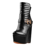 Load image into Gallery viewer, Platform Zipper Metal Buckle Strap Round Toe Wedge Heel Ankle Boots
