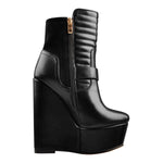 Load image into Gallery viewer, Platform Zipper Metal Buckle Strap Round Toe Wedge Heel Ankle Boots
