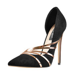 Load image into Gallery viewer, Pointed Toe Black Suede High Heel Gold Stiletto Pumps
