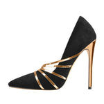 Load image into Gallery viewer, Pointed Toe Black Suede High Heel Gold Stiletto Pumps
