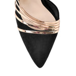 Load image into Gallery viewer, Pointed Toe Black Suede High Heel Gold Stiletto Pumps
