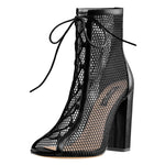 Load image into Gallery viewer, Chunky Heel Peep Toe Lace Up Mesh Ankle Booties Sandals
