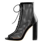 Load image into Gallery viewer, Chunky Heel Peep Toe Lace Up Mesh Ankle Booties Sandals
