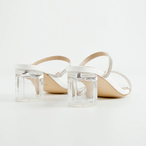 White Rhinestone Strap Lucite Clear Block Chunky Perspex High Heels Sandals