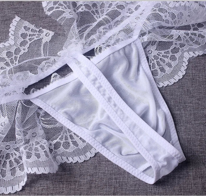 "Sissy Klarity" Lace Mini Skirt Thong G-String for Men – Sheer Perspective Crossdresser Panties with Bugle Pouch & T-Back Design