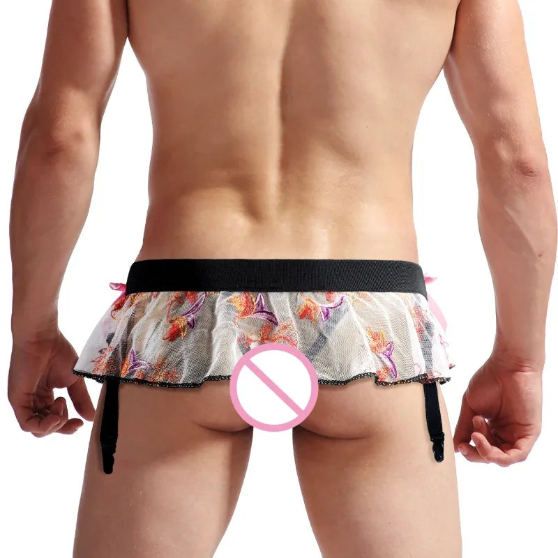 Sissy Skirted Ruffle Thong with Garter Belt & Bowknot — Sheer Lace G-String Bikini Briefs