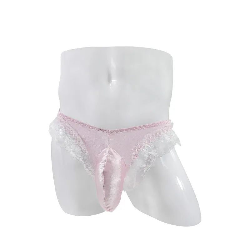 Sissy Satin & Lace Thong with Bugle Pouch — Frilly G-String Panties for Men