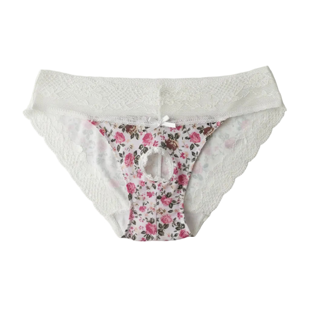 "Sissy Kailany" Lace Trim Crotchless Sissy Thong — Floral Crossdress Lingerie Panties
