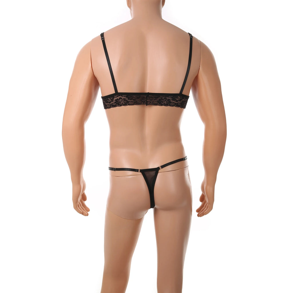 Sheer Lace Bralette & Thong Set — Mesh Lingerie for Crossdressers, Femboys & Drag