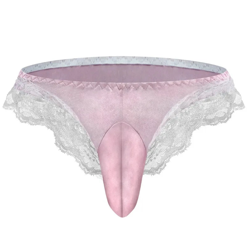 Sissy Satin & Lace Thong with Bugle Pouch — Frilly G-String Panties for Men
