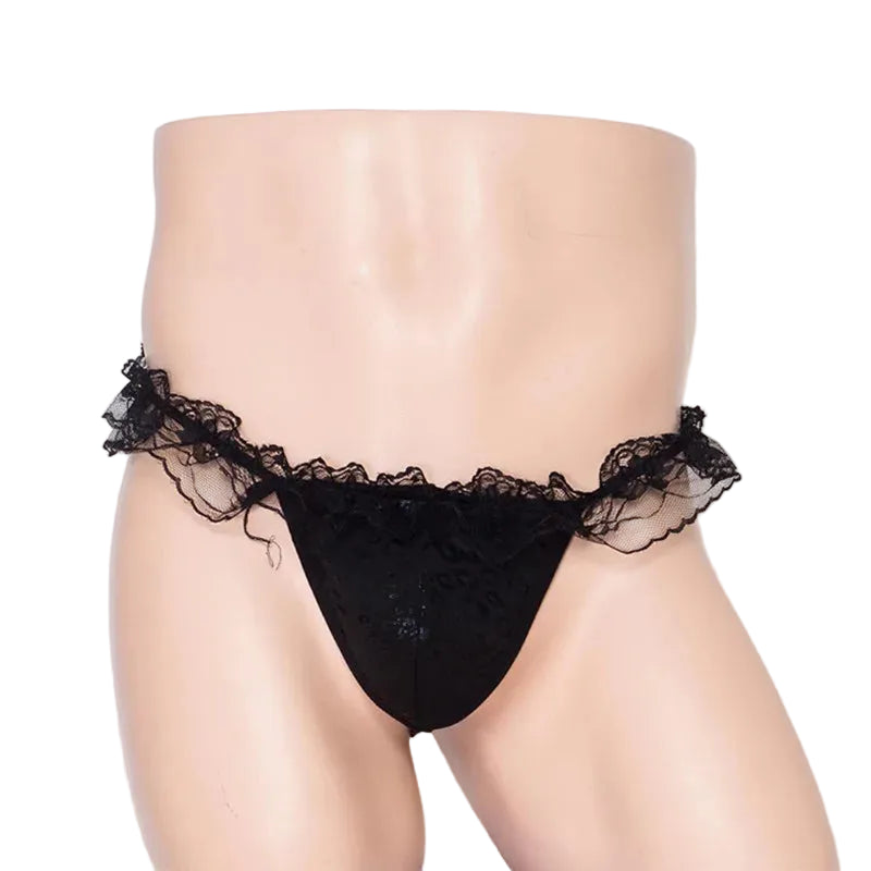 "Vixen" Lace-Trim Sissy Thong — Leopard Print G-String for Men
