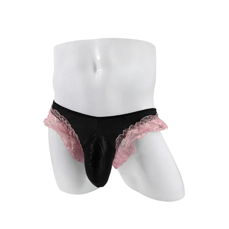 Sissy Satin & Lace Thong with Bugle Pouch — Frilly G-String Panties for Men