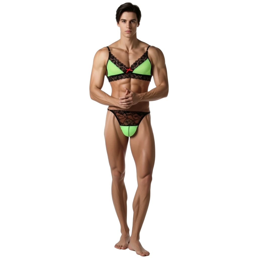 Sheer Lace Bralette & Thong Set — Mesh Lingerie for Crossdressers, Femboys & Drag