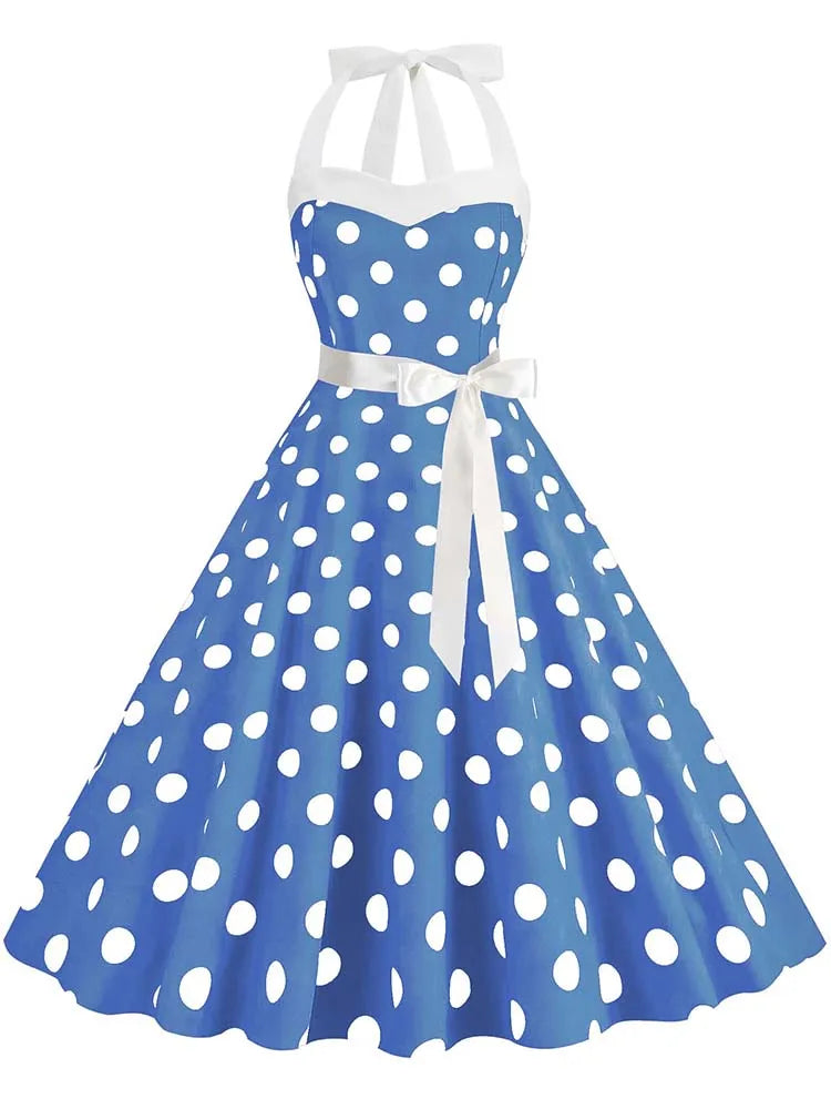 Polka Dot Halter Dress — Hepburn-Style 50s Vintage Party Dress with Belt