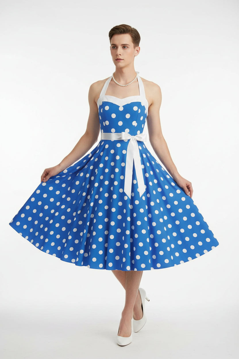 Polka Dot Halter Dress — Hepburn-Style 50s Vintage Party Dress with Belt