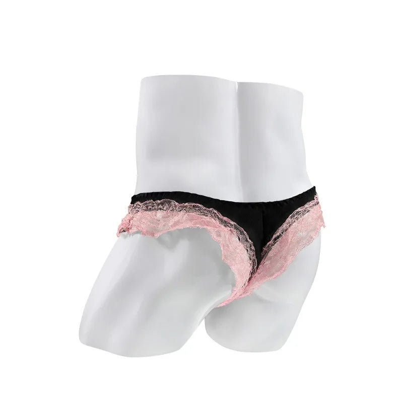 Sissy Satin & Lace Thong with Bugle Pouch — Frilly G-String Panties for Men