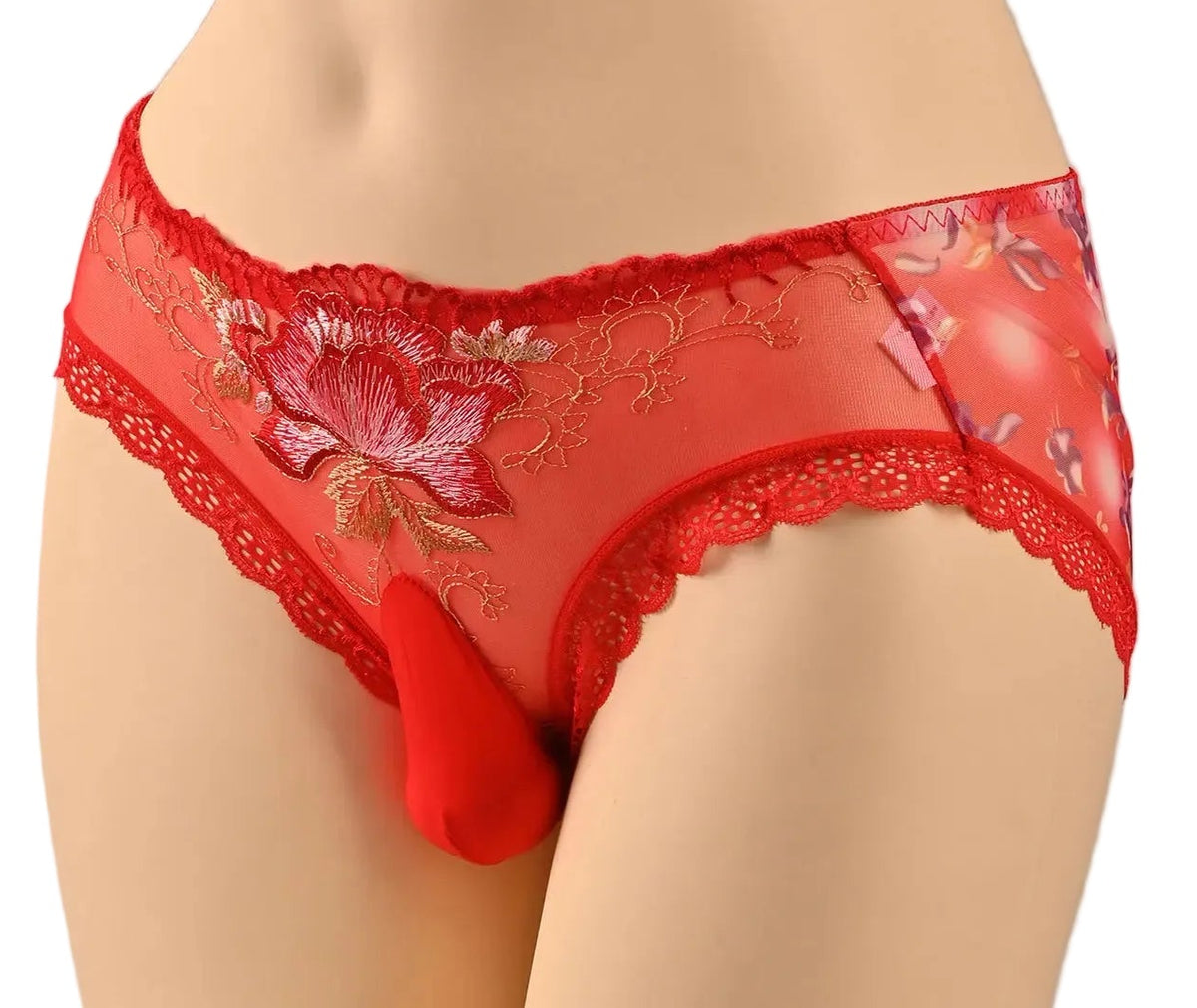 Embroidery Lace Sissy Pouch Panties for Men — Sheer Floral Briefs
