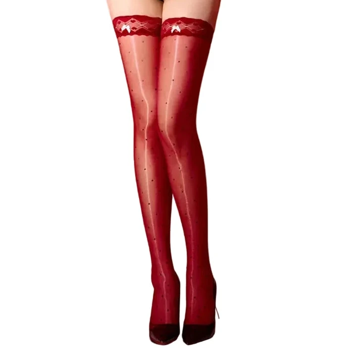 Sissy Aurora Polka Dot Thigh High Stockings — Sheer Shiny Lace Over-Knee Hosiery