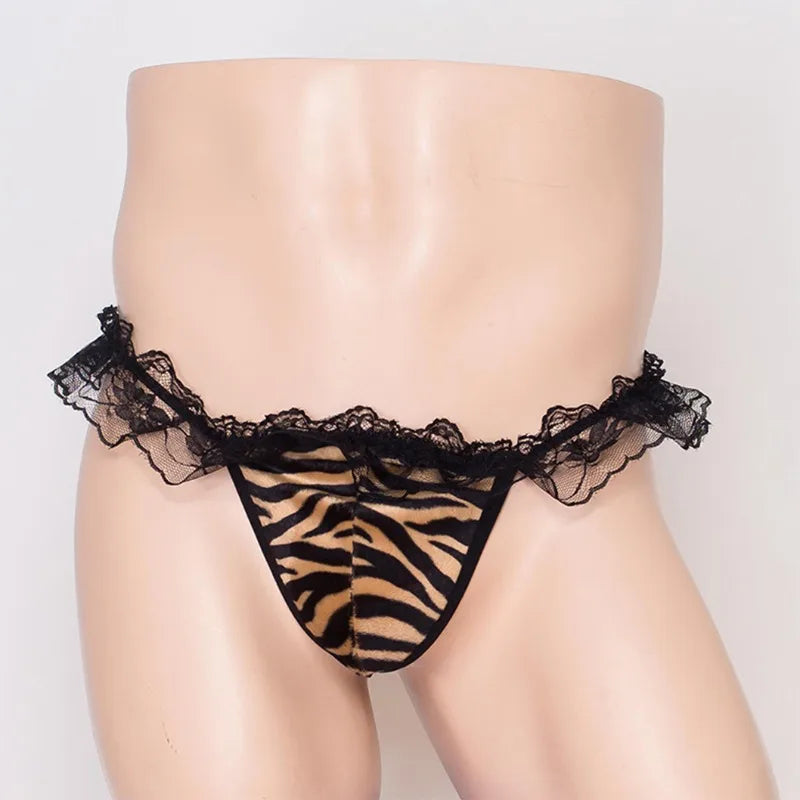 "Vixen" Lace-Trim Sissy Thong — Leopard Print G-String for Men