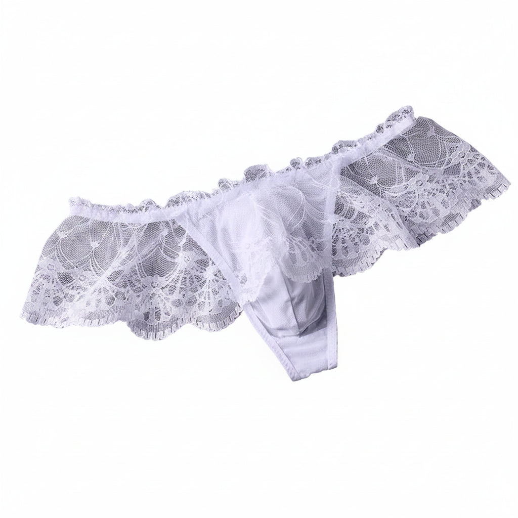 "Sissy Klarity" Lace Mini Skirt Thong G-String for Men – Sheer Perspective Crossdresser Panties with Bugle Pouch & T-Back Design