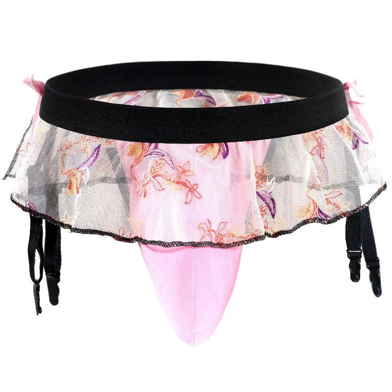 Sissy Skirted Ruffle Thong with Garter Belt & Bowknot — Sheer Lace G-String Bikini Briefs
