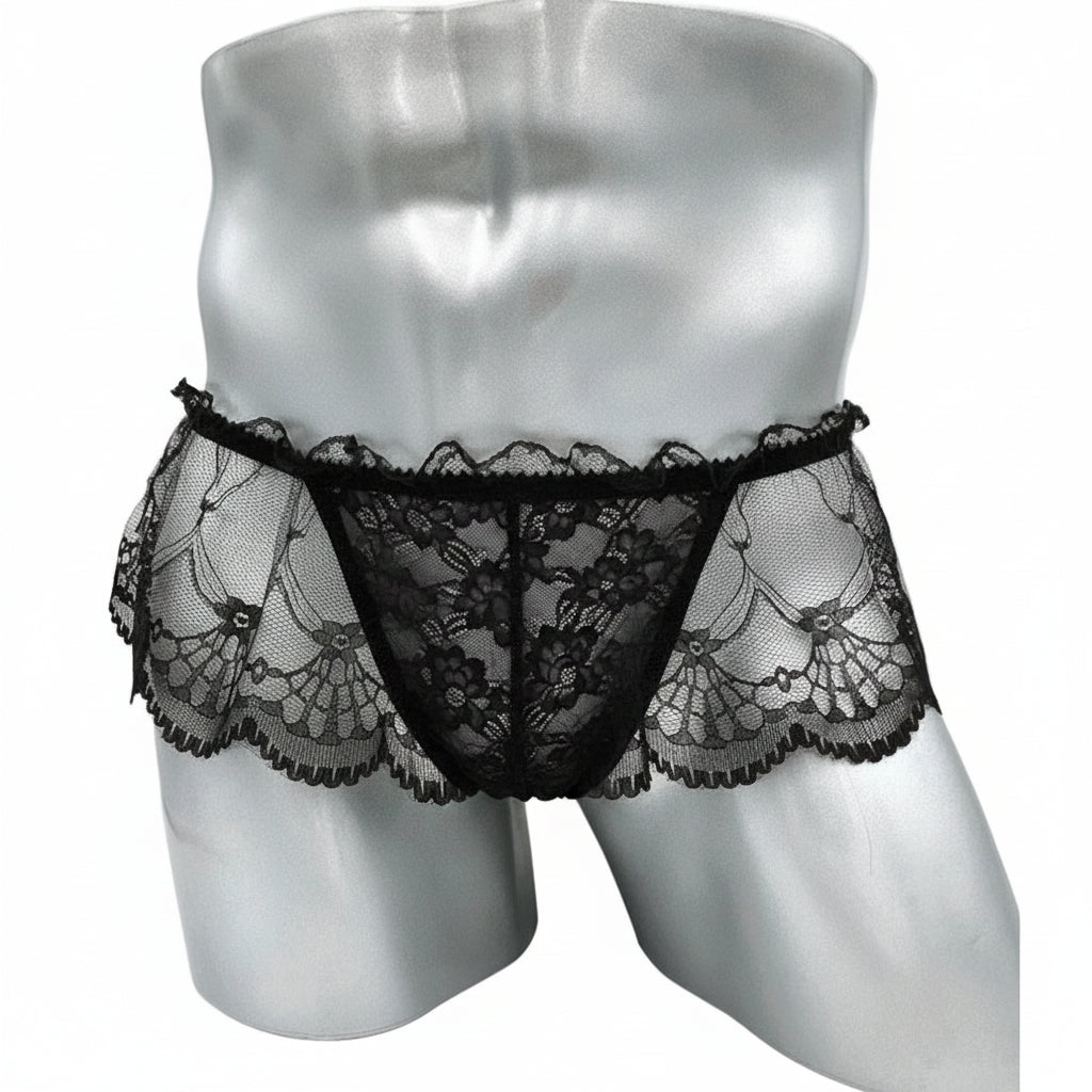 "Sissy Klarity" Lace Mini Skirt Thong G-String for Men – Sheer Perspective Crossdresser Panties with Bugle Pouch & T-Back Design