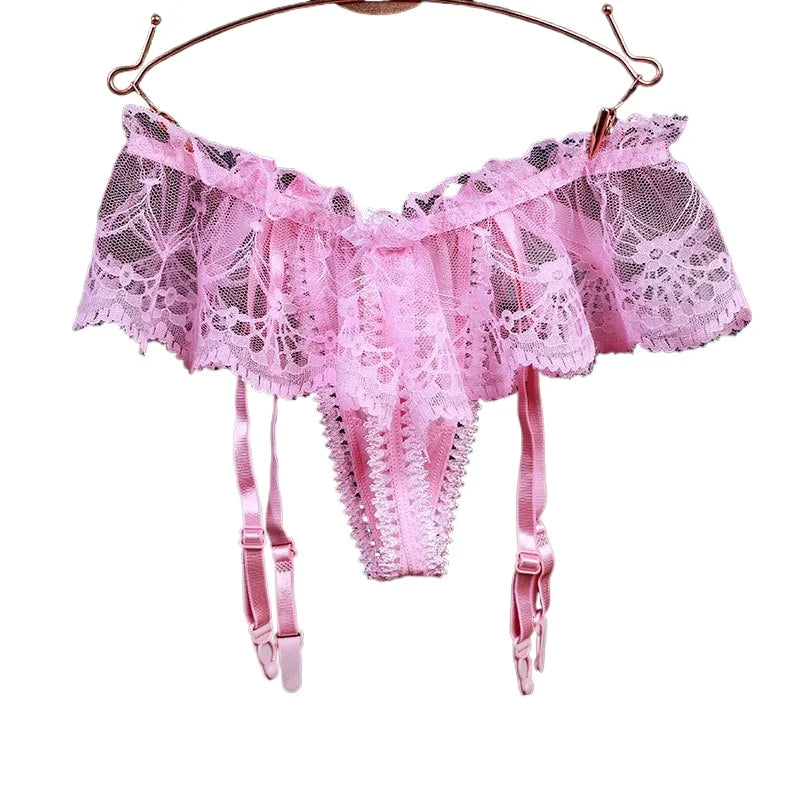 Sissy Lace Ruffled Pouch Panties with Garter Belt — Thong Bikini Lingerie for Men