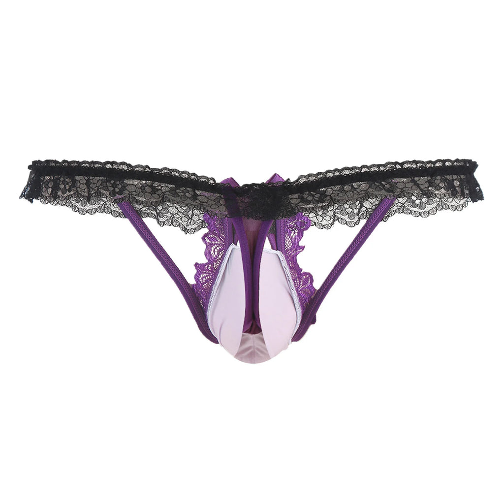 "Sissy Madelyn" Floral Lace Thong | Contrast Bow Cutout T-Back | Femboy Lingerie