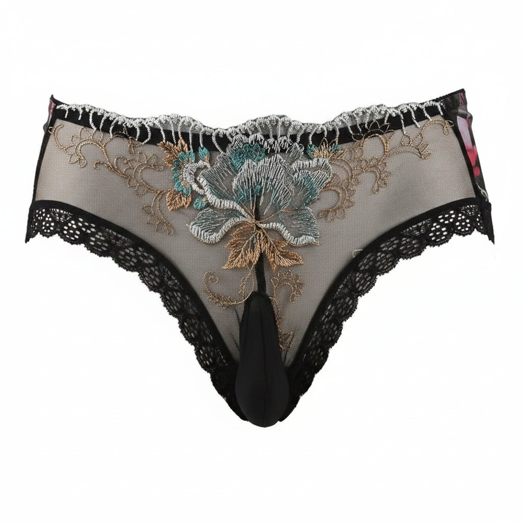 Embroidery Lace Sissy Pouch Panties for Men — Sheer Floral Briefs
