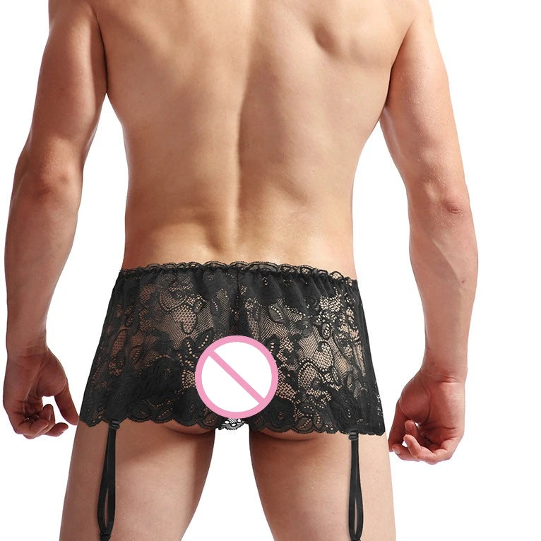 Sissy Skirted Lace Panties with Garter Belt — Sheer Mesh Femboy Bikini Underwear