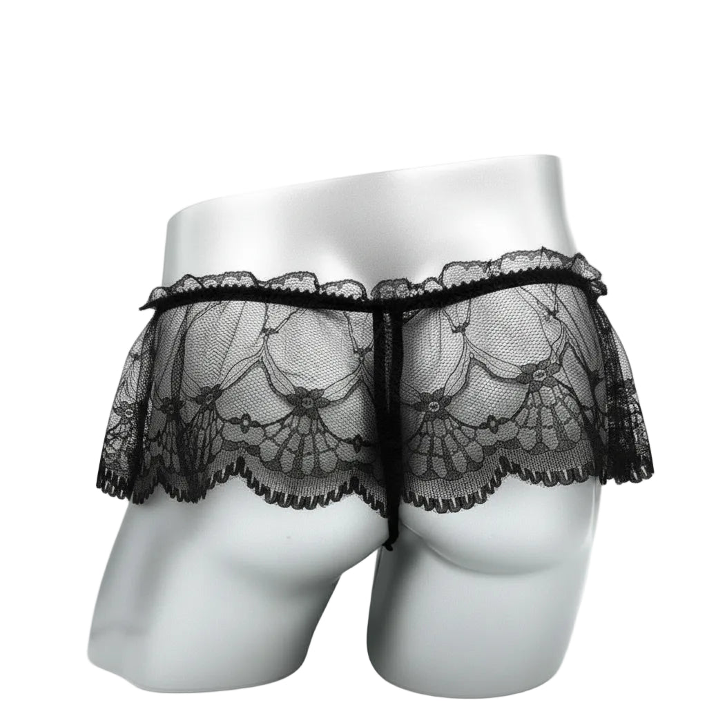 "Sissy Klarity" Lace Mini Skirt Thong G-String for Men – Sheer Perspective Crossdresser Panties with Bugle Pouch & T-Back Design