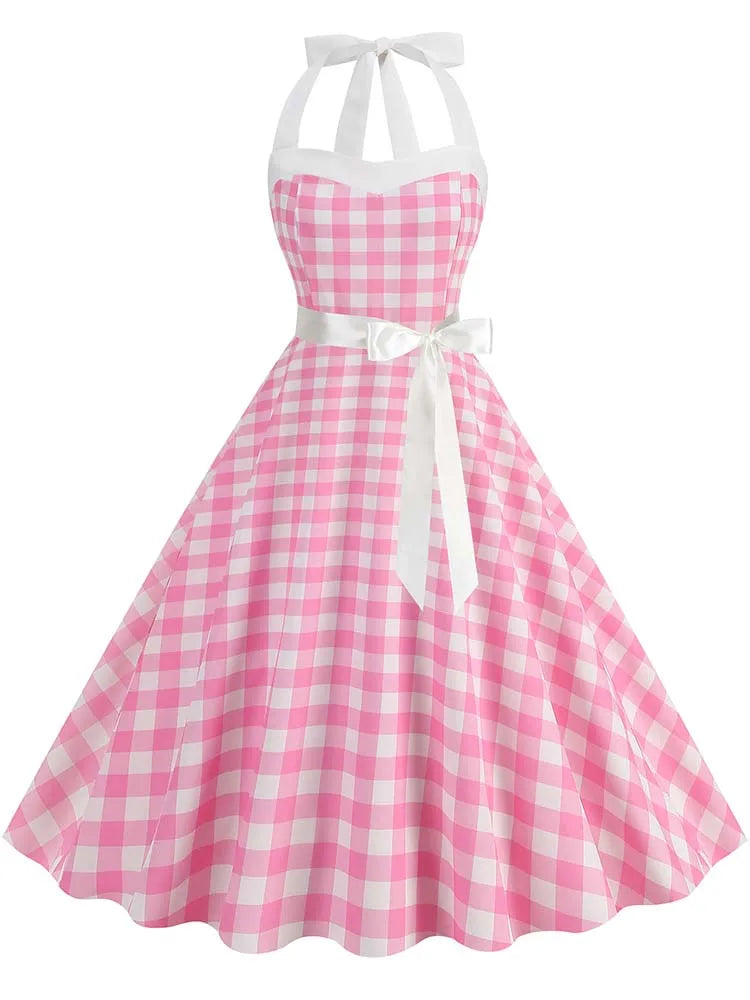 Polka Dot Halter Dress — Hepburn-Style 50s Vintage Party Dress with Belt